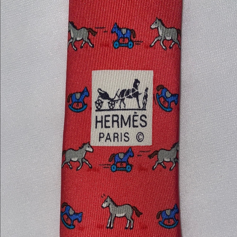 Hermes Red and Blue Silk Tie with Pony and Rocking Horse Design - Picture 2 of 6
